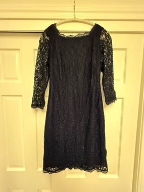 Adriana Pappell Size 12 Navy Lace Cocktail Dress Long Sleeve Knee Length